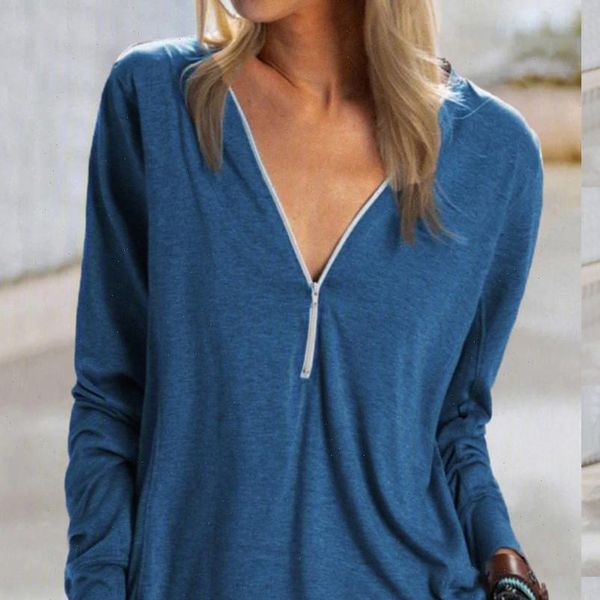 

plus size fashion zipper blouse shirt v neck casual autumn winter ladies female women long sleeve blusas pullover, White