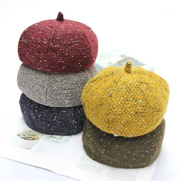 

New Beret Hat Japanese Korean Version Retro Leisure Autumn Winter Warm Pumpkin Hats Knitted Berets Cap Girl All-match Caps H67211, Blue;gray