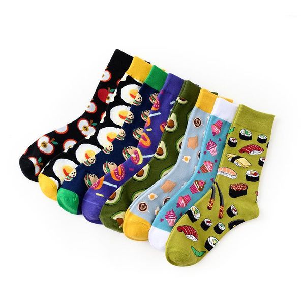 

2020 new dessert series creative pattern breathable middle tube cotton women's socks tide kawaii funny socks absorb sweat1, Black;white