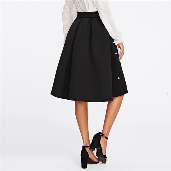 

black vintage pearl embellished boxed pleated circle knee length mid waist skirt women autumn elegant workwear skirt