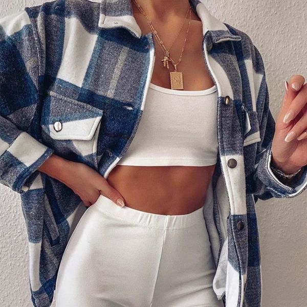 

fashion plaid overshirt jacket check lapel collar long sleeve coat women oversized pockets with flaps button jackets, Black;brown