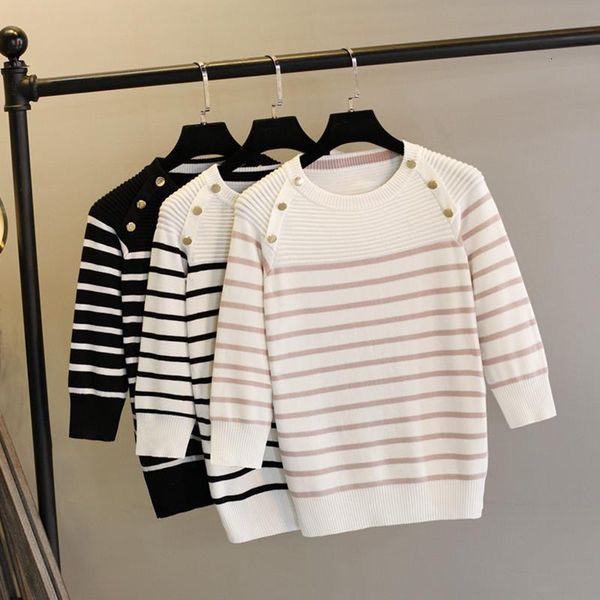

women pullover sweater 2021 spring autumn half sleeve pullovers button decorate striped knitted sweaters female, White;black