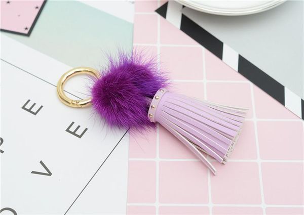 

real mink fur ball key chain with pu leather tassels for women bag key ring holder jewelry pendant neh812 h bbysmf, Silver