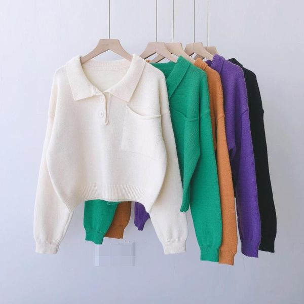 

women's sweaters knit sweater 2021 autumn winter korean design pocket loose lapel long sleeve pullover full women clothes, White;black