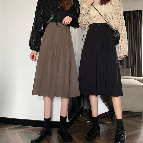

elegant solid midi pleated skirt women 2020 autumn winter ladies retro black high waist school long skirt female1