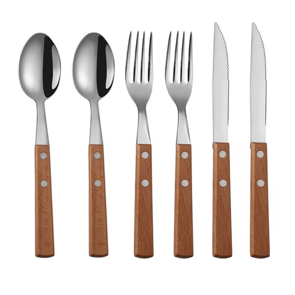 Tablewellware Silverware Tableware Fork Spoon Нож набор ножей 6 шт. Набор столовых приборов набор кухонные посуды из нержавеющей стали с деревянным держателем 201116