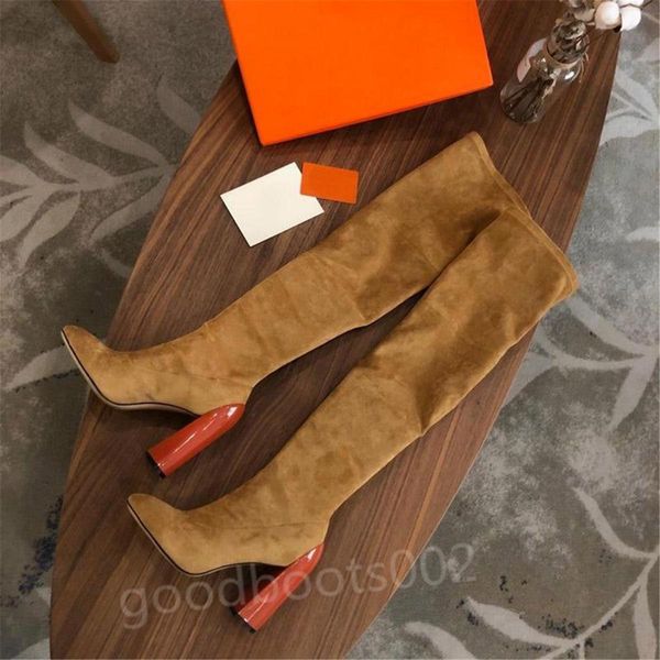 

2020 fashion ladies over the knee boots martin ladies chunky high heels 10 cm pointed toe 22 inch suede boots, Black