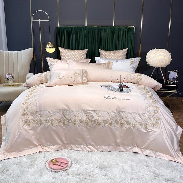 

champagne light luxury feather embroidery 60s satin silk cotton set textile pillowcase bed home duvet linen bedding cover double