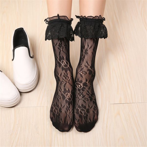 

ruffle cup lace socks women sheer frilly fishnet lolita princess thin ballert dance flower ladies solid color crew sock, Pink;yellow