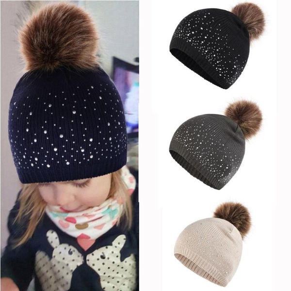 

baby kids winter hats girls boys knitting wool hemming hat rhinestone keep warm winter hairball cap 0-3 years kids hat c800#, Yellow