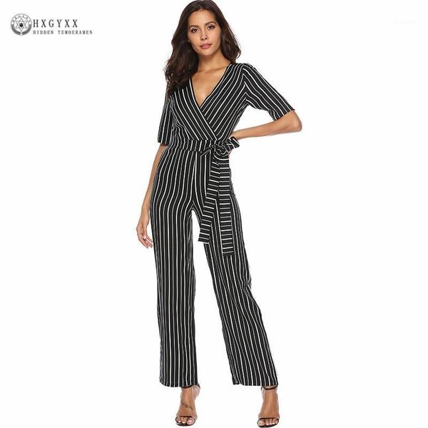 

2019 summer clothes elegant black striped jumpsuit work overalls bodysuit women casual v-neck short sleeve loose rompers okd8431, Black;white