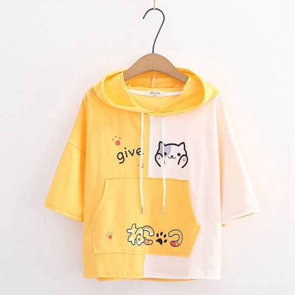 

mm11663 summer new japanese cartoon left and right color matching high-five cat short sleeve t-shirt girl student coat t-shirt fashi, White