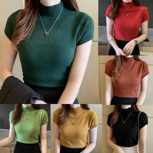 

t-shirts women 2020 summer knitted tees plain o-neck solid knitted short sleeve t-shirts 2020 summer casual t-shirt womem #t1p1, White