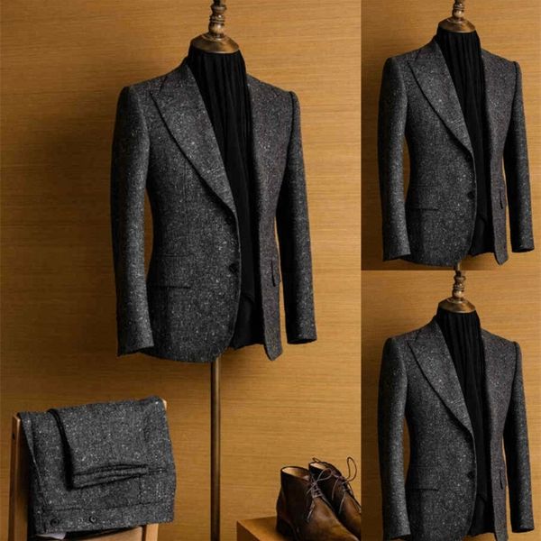 Neueste gutaussehende Herrenanzüge Winter Tweed Kerbe Revers Dunkelgrau Regular 2 Stück Wolle Zwei-Knopf-Mischung Vintage Tailored Fit 201106