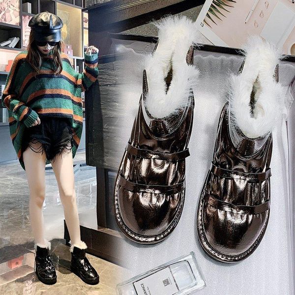 

winter warm female snow boots slip on rubber flat ankle boots for women botas round toe pu short plush short women flats, Black