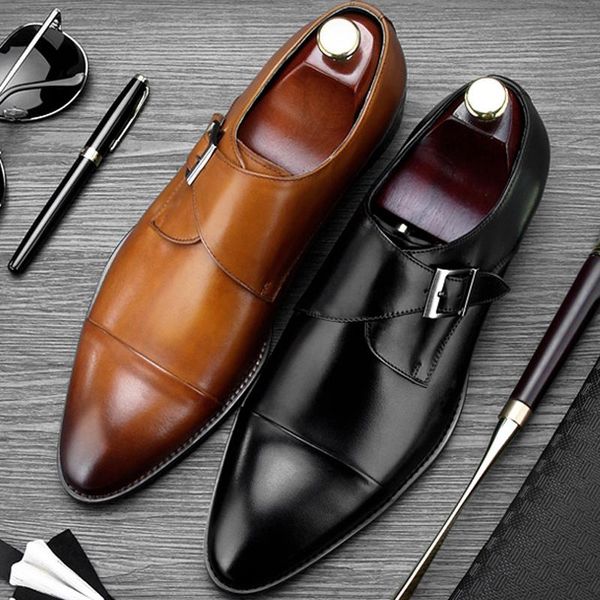 

2020 new fashion genuine leather men's monk strap footwear round toe handmade man flats formal dress wedding party shoes bql42, Black