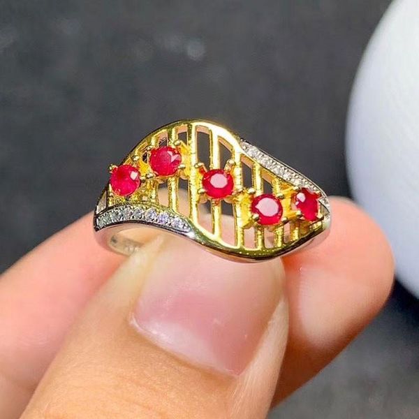 

cluster rings xinyipeng gemstone jewelry s925 sterling silver plated gold inlaid real natural ruby ring fine engagement gift for women 2.5Ã2, Golden;silver