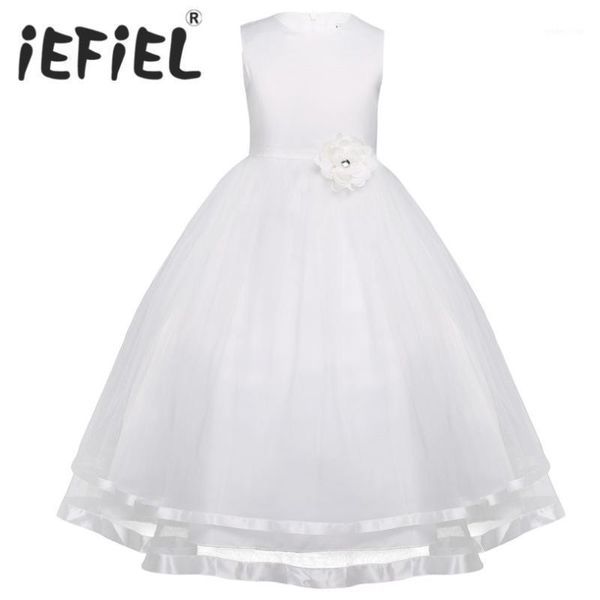 

iefiel teenage kids girls sleeveless layered tulle flower girl dress princess pageant wedding bridesmaid ball gown party dress1, Red;yellow