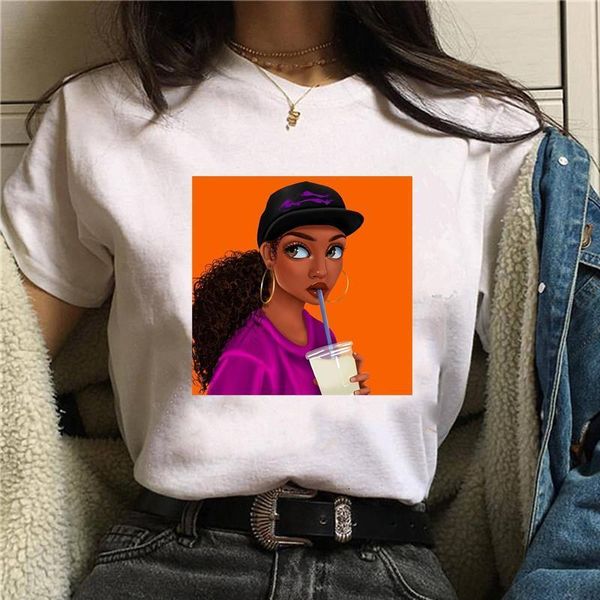 

new fashion black girl print tee summer casual graphic t-shirt large size femael t-shirt white cute cartoon tee shirts