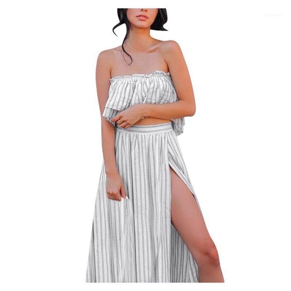 

summer clothes for women solid strapless two-piece split cut and hollow fit open navel suit skir conjuntos de mujer1, Gray