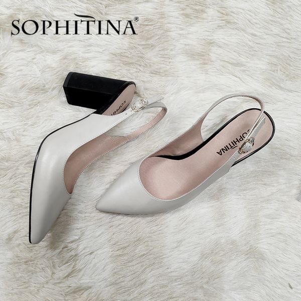 

sophitina summer women sandals pointed toe slingbacks square heel med slip-on mature casual shoes sheepskin office sandals c679 1010, Black