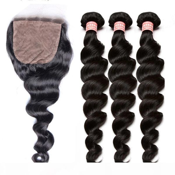 

3 human hair bundles with silk base closure loose wave brazilian human hair weave bundles with closures dolago remy, Black;brown