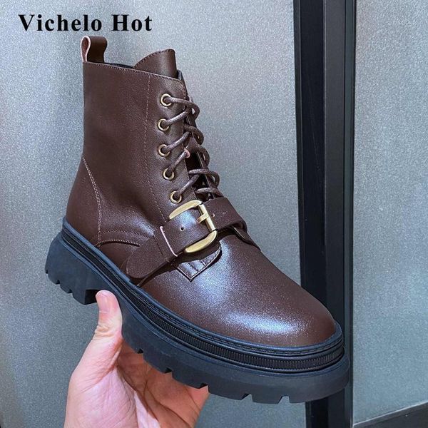 

vichelo new arrival real cow leather buckle decorations neutral round toe thick med heel zipper daily wear ankle boots l111, Black