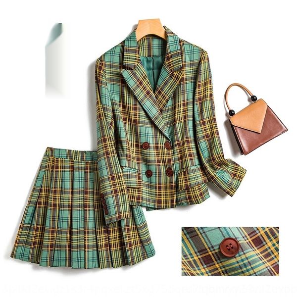 

javwn autumn 2020 plaid double-breasted checked two-piece suit two-piecesuit half niche aging temperament pleated skirt two-piece set 4541 a, Gray