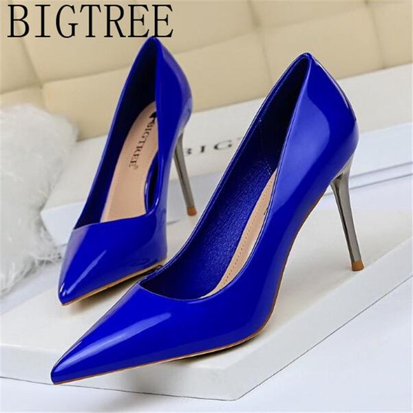 

2021 fashion women pumps shoes dress patent leather pu pointed toe thin heels 8.5cm high heels women's wedding shoes, Black