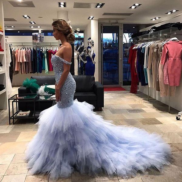 

2021 new luxo crystal mermaid ball off the shoulder beloved courthouse train sparkly formal night party dress rk62, White;pink