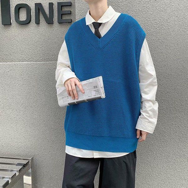 

men's vests autumn korean sweater vest fashion solid color v-neck knitted pullover men wild loose knitting sweaters mens clothes m-2xl, Black;white