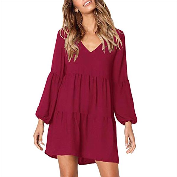 

autumn women dress fashion women solid color high waist lantern long sleeve v neck draped knee length wine blue dress dropship, Black;gray