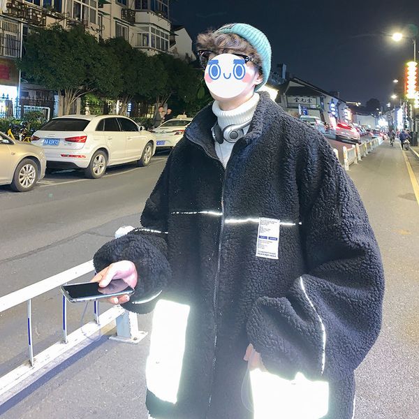 

winter thick lamb fur jacket men's parka warm fashion casual reflective men loose korean short coat mens clothes m-3xl, Black