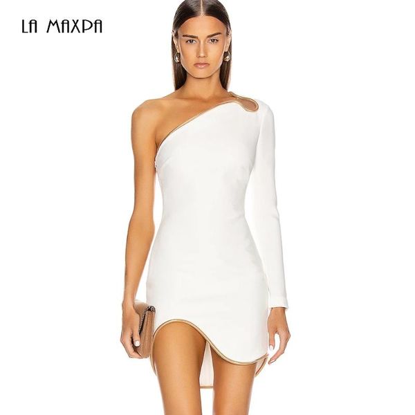 

2020 autumn fashion new women's white one shoulder long sleeve bandage dress bodycon club party runway mini dress vestidos, Black;gray