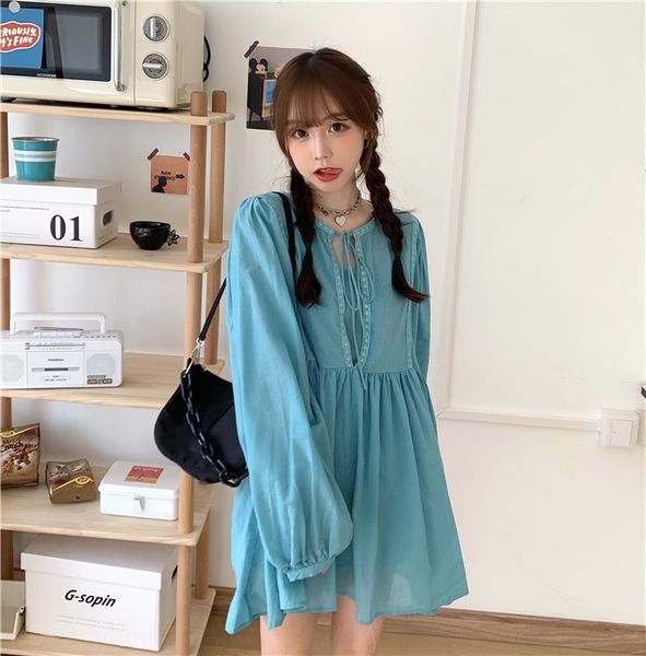

st9v8 2020 autumn korean style lace-up sweet loose dress age-reducing set solid color short two-piece long sleeve dress women's clothin, Black;gray