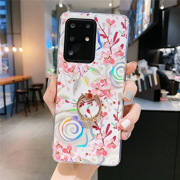 

for galaxy s20 ultra colorful laser flower series imd tpu mobile phone case with ring rhinestones holder