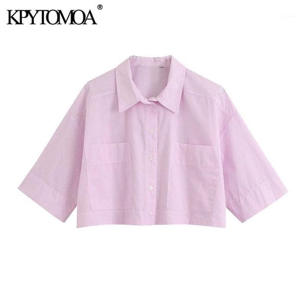 

kpytomoa women 2020 fashion striped loose cropped blouses vintage short sleeve pockets female shirts blusas chic 1, White