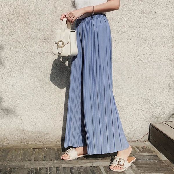 

high waist pleated chiffon wide-leg pants women elastic waist loose hong kong style student cropped pants solid female spring q1103, Black;white