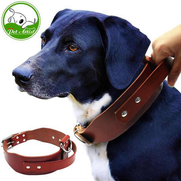 

dog training collar, sturdy brown leather handle for medium and large dogs, bullfight doberman adjustable collar 17-21 inches