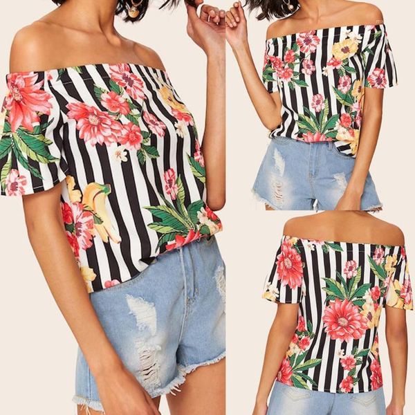 

womens fashion off shuolder short sleeve t-shirts stripe printing blouse1, White