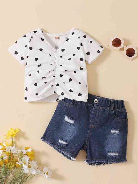 

baby heart print ruched tee & ripped frayed raw hem denim shorts she, White