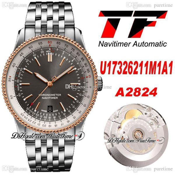 

tf 41/38mm u17326211m1a1 eta a2824 automatic mens watch rose gold gray dial stick markers stainless steel bracelet super edition watches pur, Slivery;brown