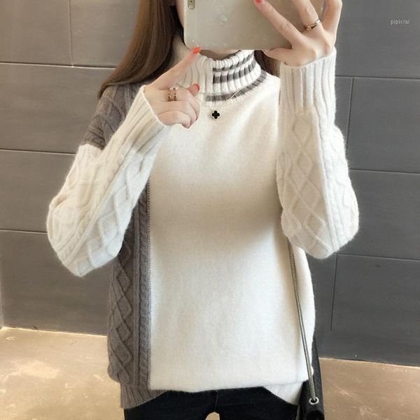 

new stand neck women's long sleeve clothes loose pullover knitted bottoming shirts color matching knitted sweaters 603j1, White;black