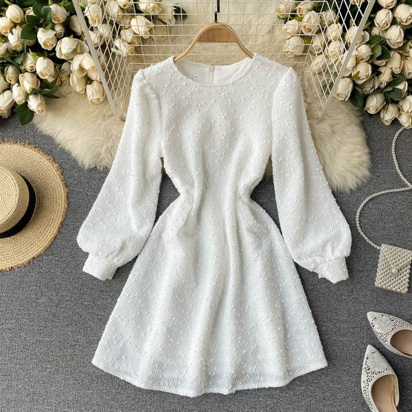

2021 new singiny feminine spring elegant solid neck puff button all-match dress short style ypxn, Black;gray
