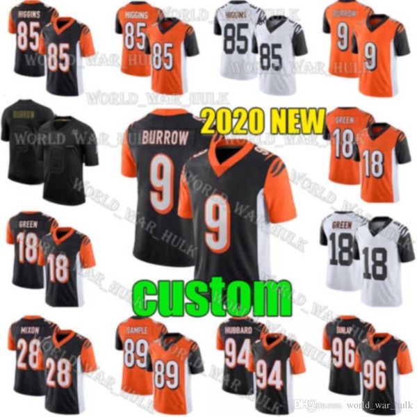 

custom cincinnati bengals football jersey 9 joe burrow 85 tee higgins a.j. green joe mixon 83 tyler boyd 30 jessie bates iii, Black;red