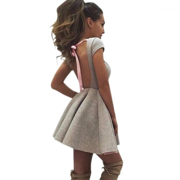 

casual dresses summer party princess open back bow backless o-neck a-line women vestidos robes plus size1, Black;gray