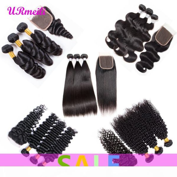 

brazilian straight virgin hair weave bundles with closure body wave kinky curly brazilian deep wave human hair bundles with closure urmeili, Black;brown