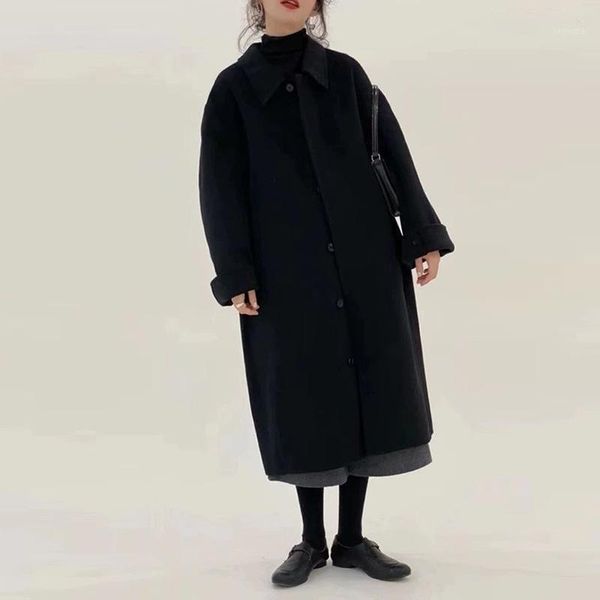 

spot the new winter 2020 han edition double hand sewing cashmere coat contracted loose pure color cloth coat female1, Black