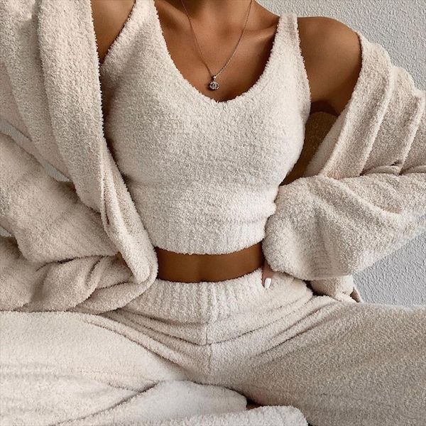

women two pieces plush fluffy sleeveless crop high waist pants trousers matching sets tracksuits outfits casual sweatshirts, Gray