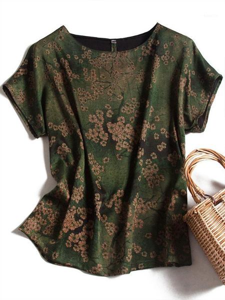 

vintage print ete femme 2020 women summer shirts and blouses natural silk ropa de mujer verano blusas femininas elegantes1, White